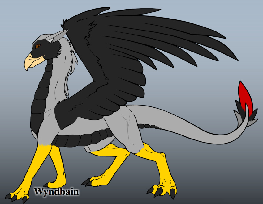 ambiguous_gender beak black_body black_feathers black_scales brown_eyes dragon feathers feet feral gradient_background grey_body grey_mane mane mythological_creature mythological_scalie mythology scales scalie simple_background solo wings wyndbain