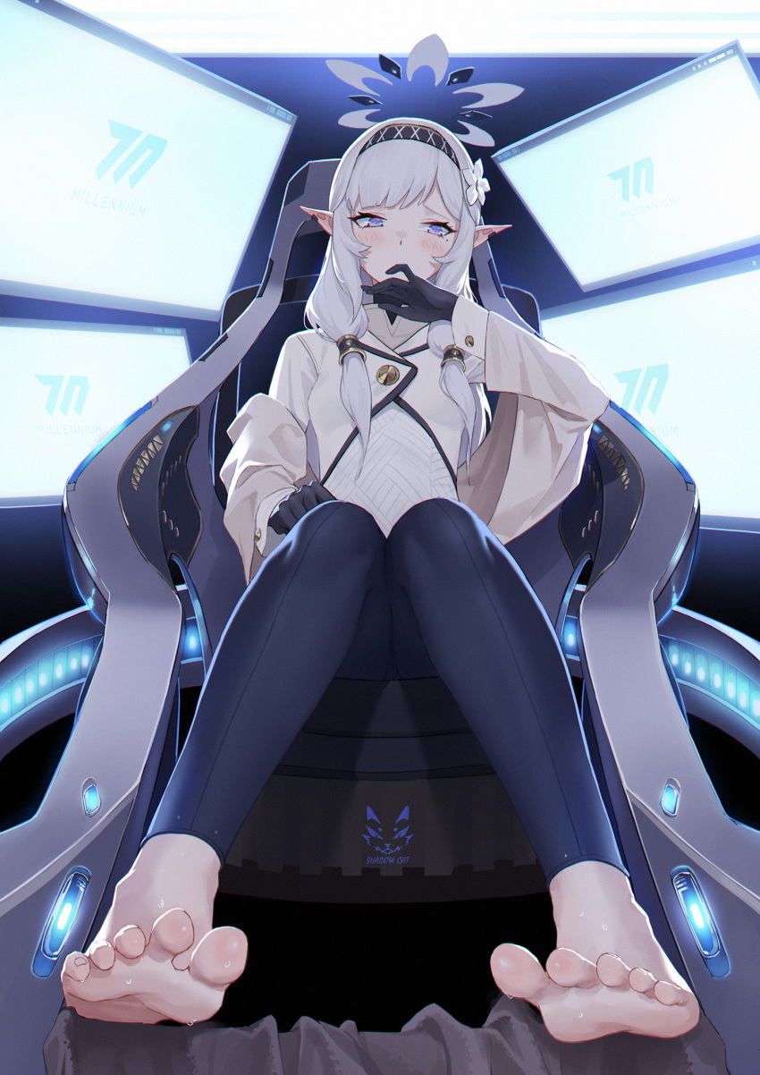 bandaid bandaid_hair_ornament barefoot black_gloves blue_archive blush demon_ears ear_piercing feet female flower foot_focus foreshortening gloves hair_flower hair_ornament hair_tubes hairband halo hand_on_own_face highres himari_(blue_archive) indoors jacket leggings legs long_hair looking_at_viewer low_twintails mole mole_under_eye piercing pointy_ears purple_eyes screen shadow_cat_(yingmiao) soles solo striped_clothes striped_hairband sweat toes twintails white_hair white_jacket