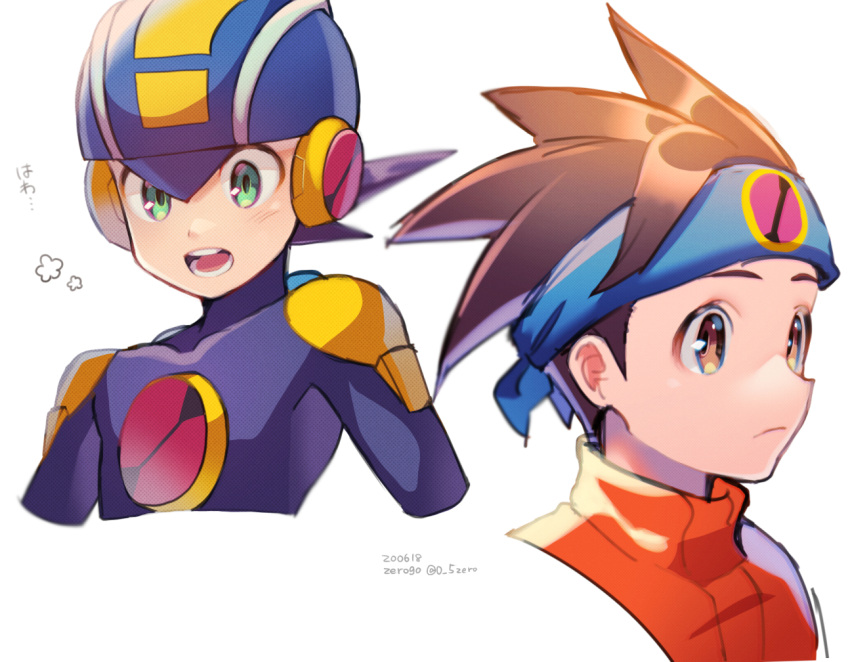 2boys artist_name blue_headband blue_helmet blush bodysuit brown_eyes brown_hair closed_mouth commentary_request cropped_torso dated from_side green_eyes headband helmet lan_hikari_(mega_man) looking_at_viewer male_focus mega_man_(series) mega_man_battle_network_(series) megaman.exe multiple_boys netnavi open_mouth orange_vest purple_bodysuit short_hair simple_background spiked_hair teeth turtleneck twitter_username upper_body vest white_background zero-go