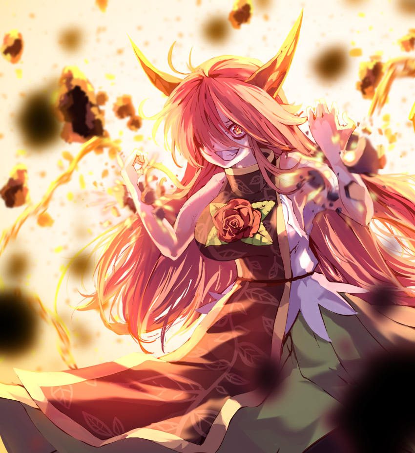 absurdres backlighting breasts brown_tabard commentary_request cowboy_shot explosion female flower green_skirt hair_over_one_eye highres horns ibaraki_douji_(touhou) ibaraki_kasen large_breasts leaf_print long_hair lower_teeth print_tabard red_flower red_hair red_rose rose skirt solo sunnysideup teeth touhou upper_teeth very_long_hair