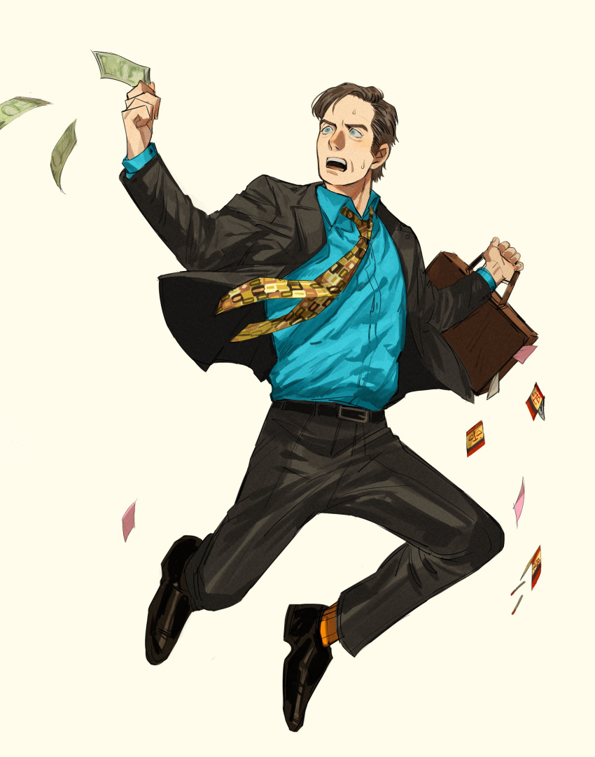 1boy absurdres banknote better_call_saul black_footwear black_pants blue_eyes blue_shirt breaking_bad briefcase brown_hair dollar_bill full_body grey_jacket highres holding holding_briefcase holding_money jacket ma2_ereki male_focus money necktie orange_socks pants saul_goodman shirt socks solo sweatdrop yellow_necktie