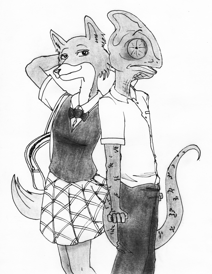 absurd_res anthro asian_clothing beast_complex beastars bottomwear canid canine chameleon clothing duo east_asian_clothing efradraws female fox graphite_(artwork) hi_res itagaki_paru japanese_clothing japanese_uniform lizard male male/female mammal monochrome pen_(artwork) pencil_(artwork) reptile scalie shy skirt student traditional_media_(artwork) uniform