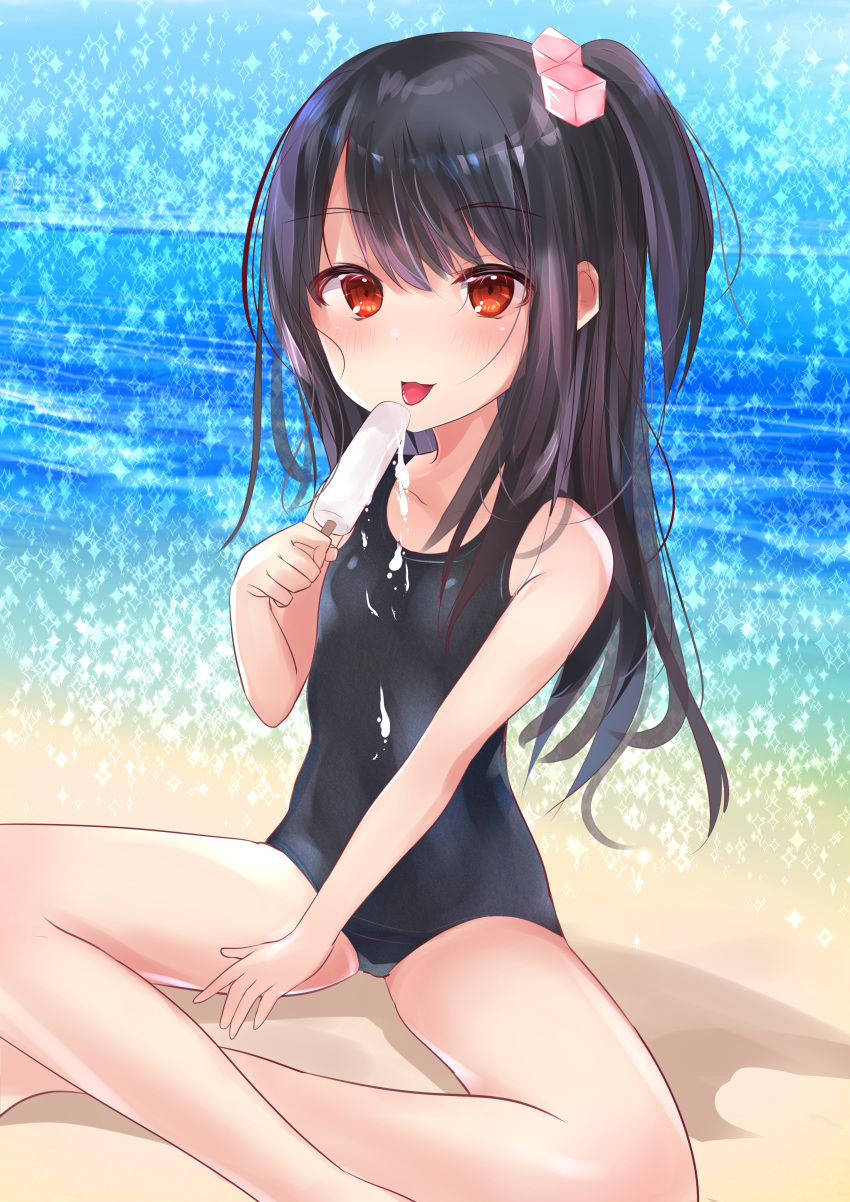 :p absurdres adachi_tenka bare_arms bare_legs bare_shoulders black_hair black_one-piece_swimsuit blush breasts commentary_request cube_hair_ornament day feet_out_of_frame female food hair_between_eyes hair_ornament highres holding holding_food ice_cream long_hair looking_at_viewer natsu_(sinker8c) navel ocean one-piece_swimsuit one_side_up outdoors red_eyes shoujo_ramune sitting small_breasts smile solo swimsuit tongue tongue_out very_long_hair water