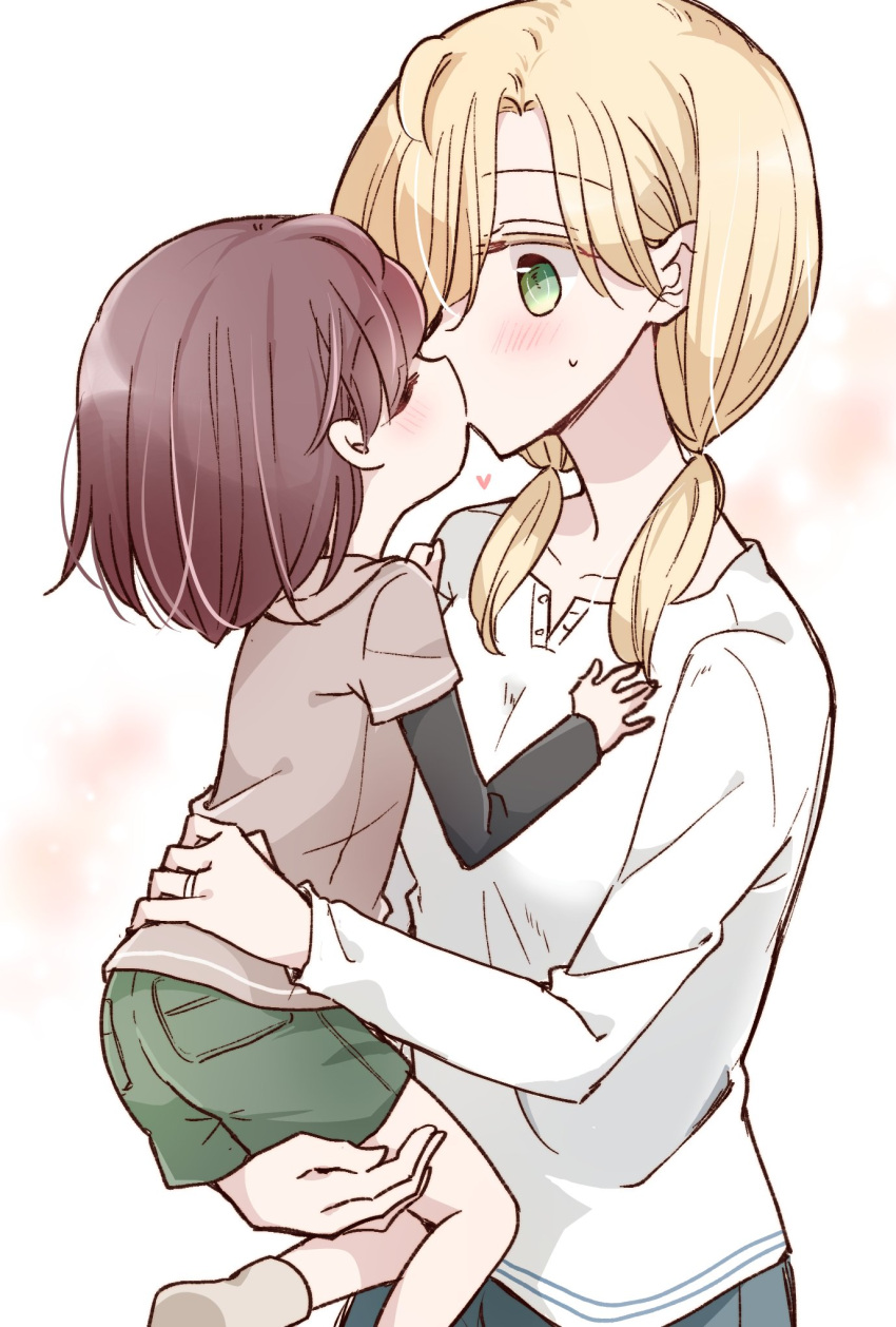 1_x_1/2 2girls 66ta1yak1 age_difference aged_down bad_id bad_twitter_id blonde_hair blush carrying closed_eyes commentary_request green_eyes green_shorts heart highres incest kissing lolicon long_sleeves looking_at_another morii_asuka morii_ayako mother_and_daughter multiple_girls onee-loli red_hair short_hair short_twintails shorts twintails yuri