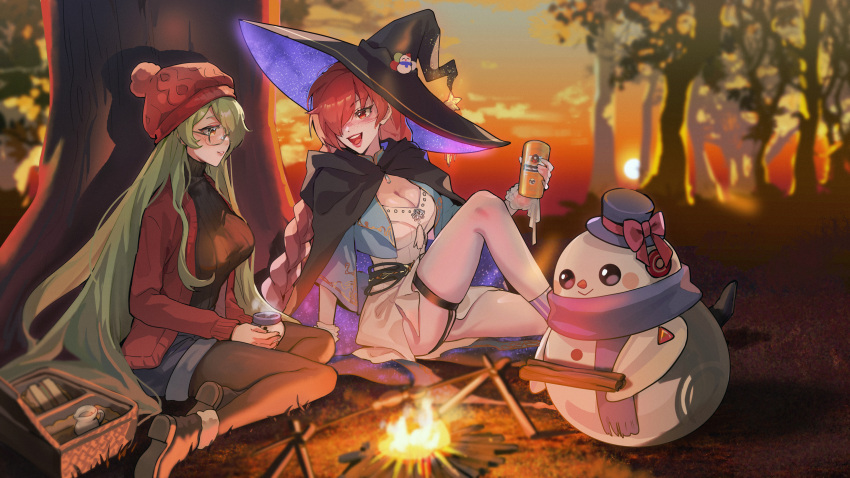 2girls beanie boots breasts bugie campfire cape cleavage commission commissioner_upload forest glasses green_eyes green_hair hair_over_one_eye hat highres large_breasts leggings long_hair multiple_girls nature open_mouth original red_eyes red_hair scarlet_destiny scenery shorts sitting sky smile sunset thighs tree very_long_hair witch_hat