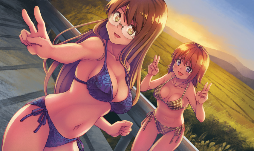 2girls akatsuki_miho akemiho_tabi_nikki ass_visible_through_thighs bikini blue_bikini brown_eyes brown_hair double_v dutch_angle gendai_ninjakko_zukan glasses halterneck highres kouno_hikaru long_hair looking_at_viewer multiple_girls oribe_shiori plaid plaid_bikini purple_eyes rimless_eyewear rural short_hair side-tie_bikini_bottom string_bikini swimsuit v