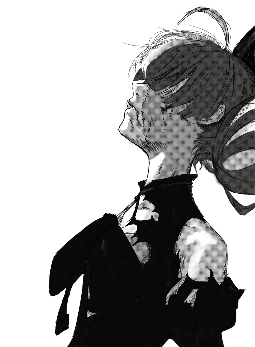 absurdres black_bow blood blood_on_face bow comic_panel_redraw covered_eyes derivative_work double_bun dress female greyscale hair_behind_ear hair_bun highres hololive hololive_indonesia hyde_(tabakko) kaneki_profile_picture_(meme) kureiji_ollie kureiji_ollie_(1st_costume) leaning_back looking_up meme monochrome parted_lips patchwork_skin solo stitched_face stitches tokyo_ghoul tokyo_ghoul:re torn_clothes torn_dress virtual_youtuber white_background zombie