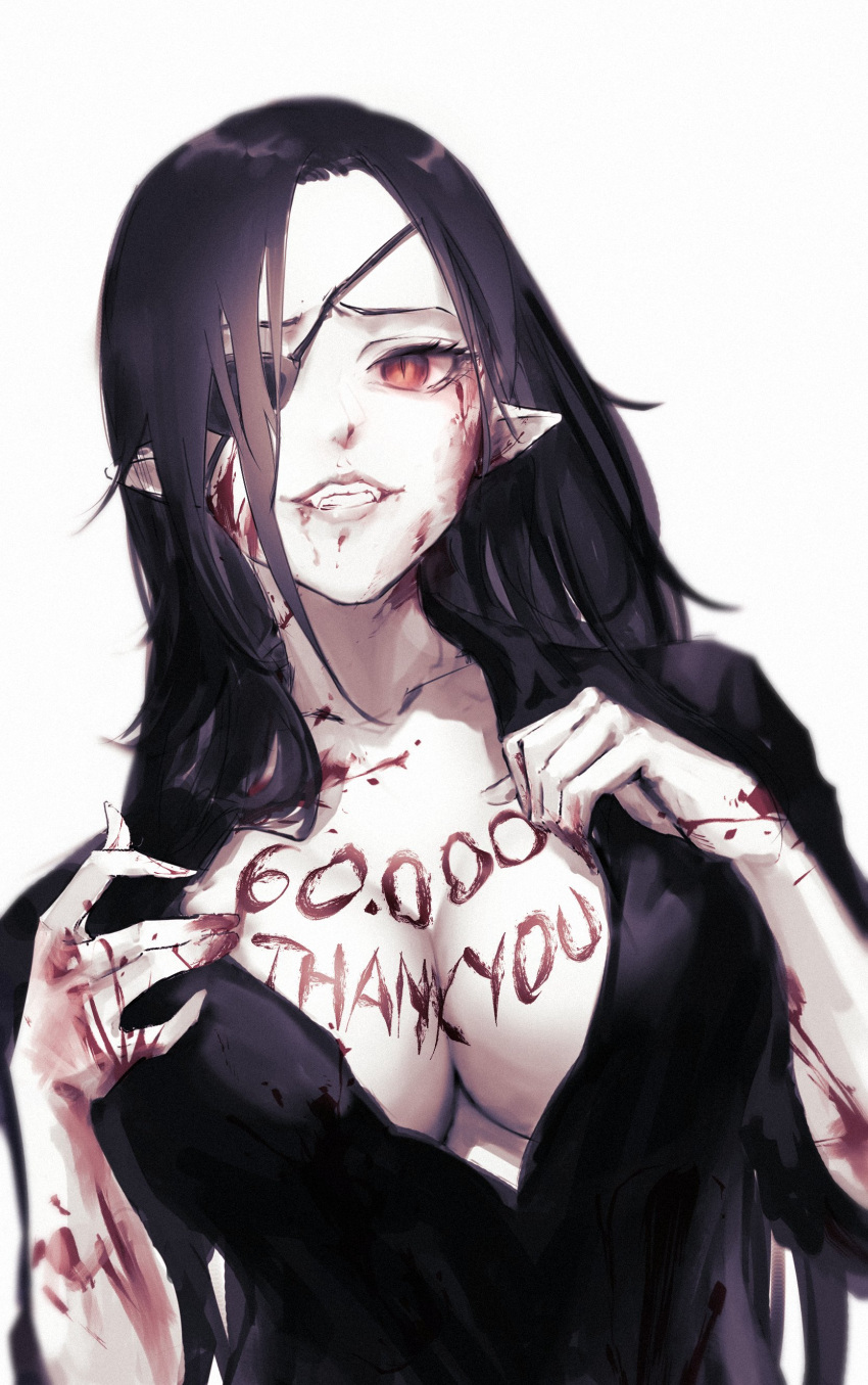 absurdres black_hair blood blood_on_arm blood_on_breasts blood_on_face breast_suppress breasts cleavage collarbone commentary english_commentary eyebrows_hidden_by_hair eyepatch fangs female hideko_(hyde_(tabakko)) highres hyde_(tabakko) looking_at_viewer medium_breasts milestone_celebration one_eye_covered original pointy_ears red_eyes smile solo thank_you upper_body vampire variant_set white_background