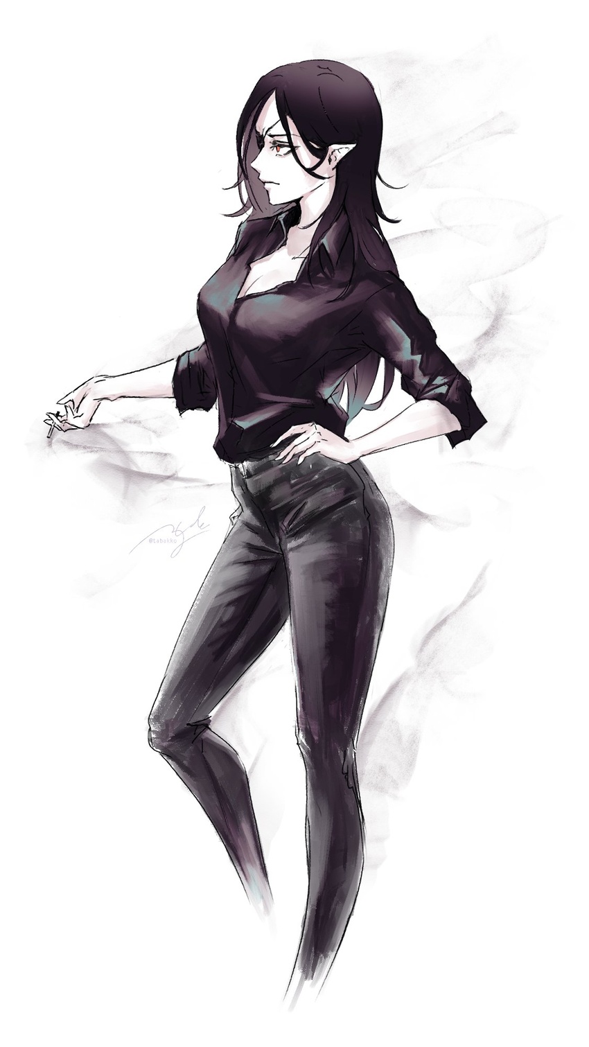 black_hair black_legwear black_shirt breasts cigarette cleavage collared_shirt cropped_legs denim english_commentary eyepatch female hair_behind_ear hand_on_own_hip hideko_(hyde_(tabakko)) high-waist_pants highres holding holding_cigarette hyde_(tabakko) jeans long_hair looking_ahead medium_breasts one_eye_covered original pants pointy_ears red_eyes shirt shirt_tucked_in smoking solo vampire white_background