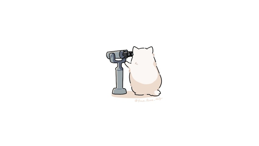 animal animal_focus arm_up artist_name binoculars canine facing_away fluffy from_behind fuwa_fuwa_dog no_humans original paw_up shadow simple_background solo standing tower_viewer twitter_username white_background