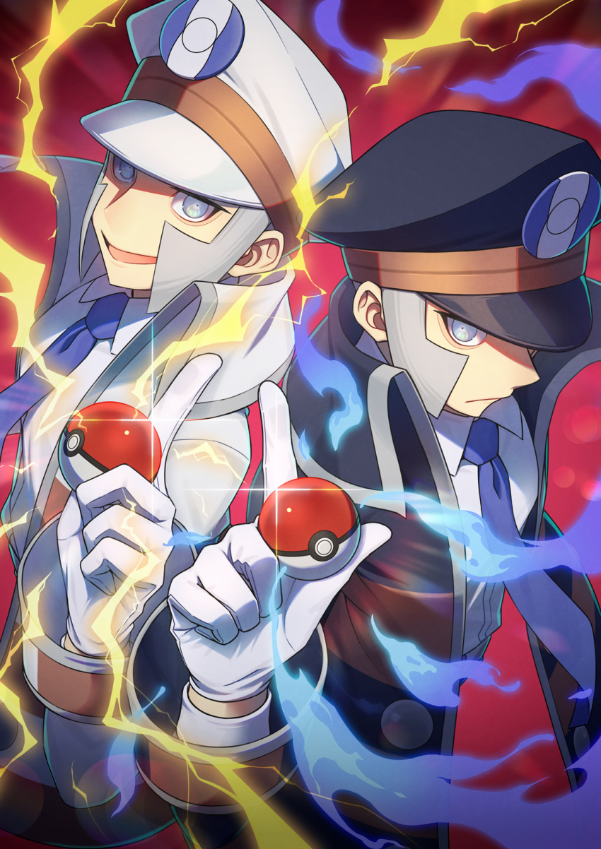 2boys :d black_coat black_headwear blue_necktie brothers coat collared_shirt commentary_request dress_shirt electricity emmet_(pokemon) gloves grey_eyes grey_hair hand_up hat high_collar highres holding holding_poke_ball ingo_(pokemon) long_sideburns long_sleeves male_focus minamo_(erkn7553) multiple_boys necktie open_mouth peaked_cap poke_ball poke_ball_(basic) pokemon pokemon_bw shirt short_hair siblings sideburns smile tongue trench_coat white_coat white_gloves white_headwear white_shirt