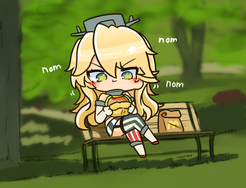 american_flag_legwear asimo953 bag bench blonde_hair blue_eyes blush burger chibi commentary_request eating elbow_gloves fast_food female food garter_straps gloves headgear holding holding_food iowa_(kancolle) kantai_collection long_hair mcdonald's meme outdoors photo-referenced ran_ran_ru sitting skirt solo star-shaped_pupils star_(symbol) symbol-shaped_pupils thighhighs yellow_pupils