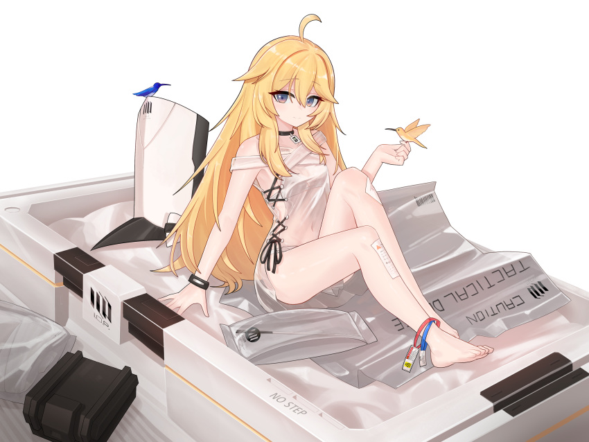 absurdres ahoge awakening_(neural_cloud) bird blonde_hair bra breasts closed_mouth collar collarbone commission dated_commentary dress feet female full_body girls'_frontline girls'_frontline_neural_cloud hair_between_eyes hat highres hummingbird kolibri_(girls'_frontline) large_hat legs long_hair looking_at_viewer nabiyan navel panties see-through see-through_dress sitting small_breasts smile solo toes underwear very_long_hair white_background white_bra white_hat white_panties