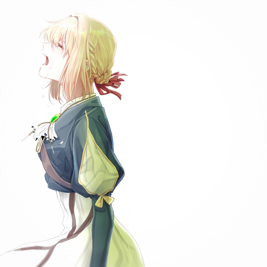 bad_id bad_pixiv_id blonde_hair blue_jacket braid closed_eyes commentary crying dress female french_braid from_side green_brooch hair_ribbon highres jacket juliet_sleeves long_sleeves nijiko_(10437772) open_mouth puffy_sleeves red_ribbon ribbon simple_background solo tears upper_body violet_evergarden violet_evergarden_(series) white_dress