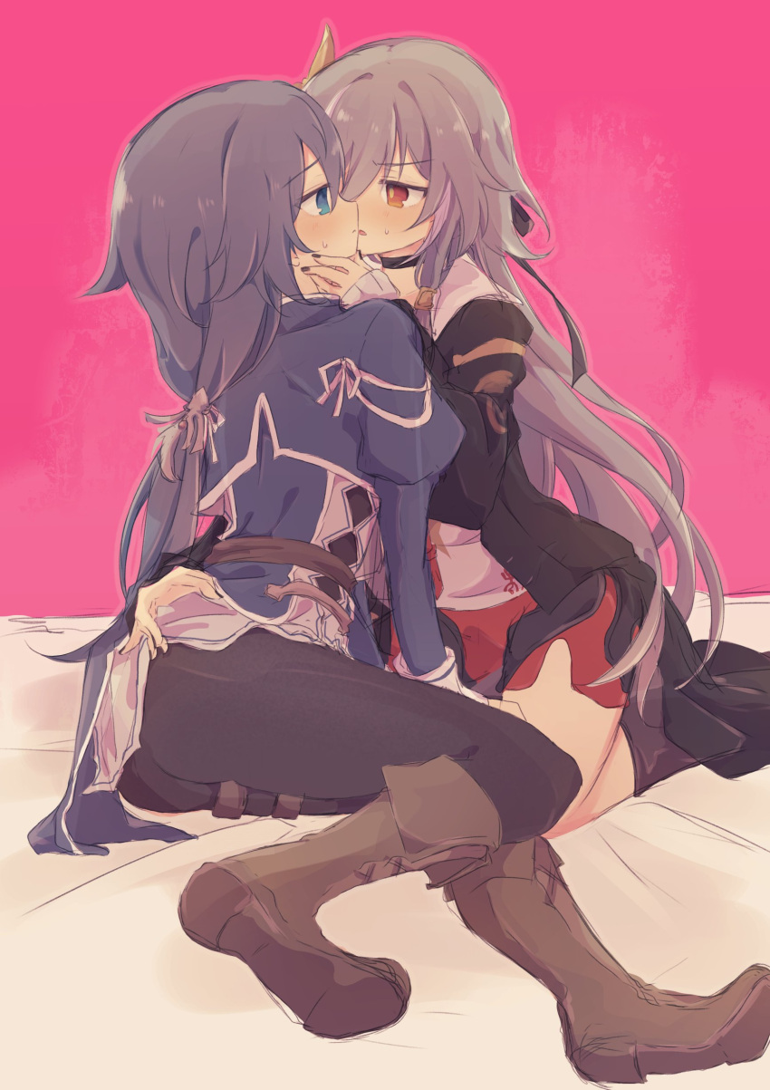 2girls absurdres bed_sheet black_choker black_jacket black_nails black_pants blue_eyes blue_jacket blush brown_footwear choker commentary_request eye_contact fu_hua fu_hua_(herrscher_of_sentience) fu_hua_(valkyrie_accipiter) grey_hair hair_between_eyes highres honkai_(series) honkai_impact_3rd imminent_kiss jacket juliet_sleeves konoquro long_hair long_sleeves looking_at_another multiple_girls nail_polish pants parted_lips pink_background puffy_sleeves red_eyes red_shorts selfcest shirt shoe_soles shorts sleeves_past_wrists sweat very_long_hair white_shirt yuri