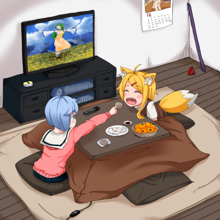 2girls ahoge alternate_hairstyle animal_ear_fluff animal_ears ass asymmetrical_hair blonde_hair blue_eyes blue_hair blue_skirt blue_sky bowl brown_skirt brown_vest calendar_(object) closed_eyes cloud collared_shirt commentary_request controller cookie_(touhou) detached_sleeves feeding food fox_ears fox_girl fox_tail frog_hair_ornament fruit green_hair hair_ornament hair_tubes hairpin highres indoors kochiya_sanae kotatsu long_hair long_skirt looking_at_another mandarin_orange medium_hair miramikaru_miran miramikaru_riran multiple_girls omelet open_mouth paseri_(cookie) pillow pink_sweater pole remilia_scarlet remote_control rice_bowl sakura_(cookie) shirt short_sleeves sidelocks skirt sky sleeveless sleeveless_shirt socks sweater swept_bangs table tail tamagoyaki television the_sound_of_music touhou vest white_legwear white_shirt yan_pai