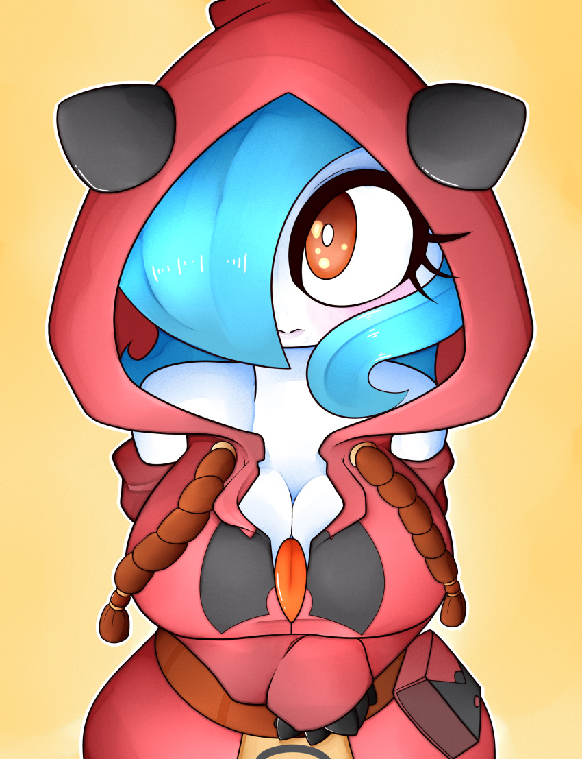 2019 absurd_res big_breasts blue_hair breasts cleavage clothed clothing fan_character female fullmetalpikmin gardevoir gehenna generation_3_pokemon hair hi_res hoodie nintendo not_furry orange_eyes outline pokemon pokemon_(species) shiny_pokemon simple_background solo team_magma topwear yellow_background