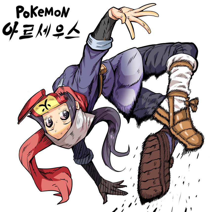 absurdres akari_(pokemon) black_hair eyelashes female galaxy_expedition_team_survey_corps_uniform grey_eyes hat head_scarf highres korean_commentary korean_text long_hair mipoog mouth_hold pokemon pokemon_legends:_arceus ponytail red_scarf sash scarf scroll sidelocks simple_background solo sweat translation_request white_background