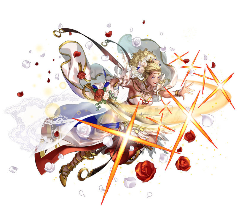 attack boots bouquet breasts bridal_gauntlets bridal_veil circlet cleavage dark-skinned_female dark_skin dress feather-trimmed_dress feather_trim female fire_emblem fire_emblem_awakening fire_emblem_heroes flavia_(bridal)_(fire_emblem) flavia_(fire_emblem) flower gold_bracelet gold_footwear high_heel_boots high_heels high_ponytail holding holding_bouquet holding_sword holding_weapon medium_breasts official_alternate_costume official_art open_mouth petals ponytail red_flower rose sidelocks smile solo sparks suzuki_rika sword veil weapon white_background white_dress