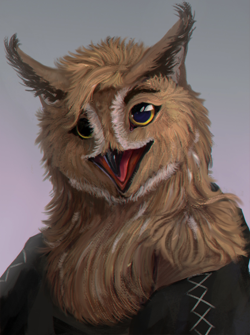 avian beak big_eyes bird bust_portrait clothed clothing female gryphon hi_res moroka mythological_avian mythological_creature mythology off_shoulder open_beak open_mouth owl portrait simple_background smile solo sona_(noxiis)