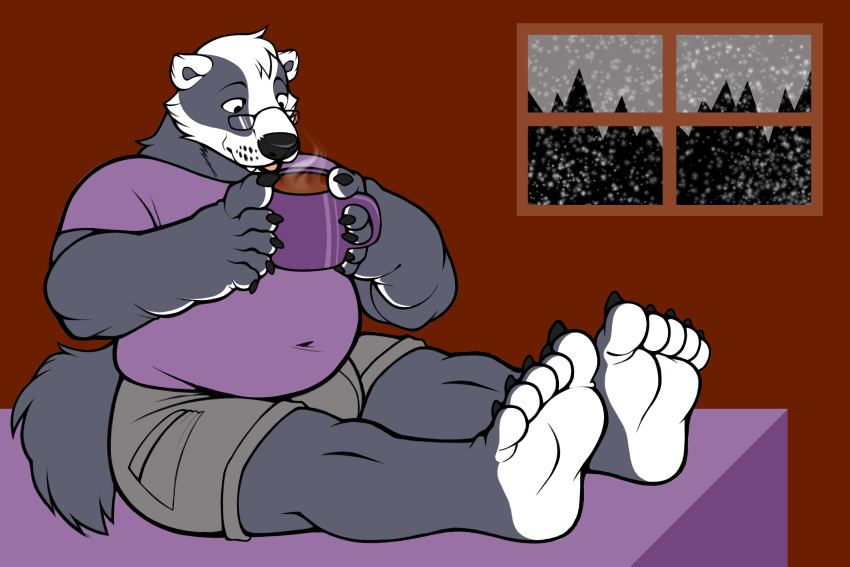 3:2 anthro badger bed container cup drinking eyewear fetishame foot_hands furniture glasses hi_res holding_object inside male mammal mug mustelid musteline slightly_chubby slightly_chubby_male snow solo steam window winter