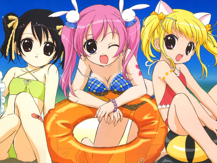 3girls animal_ears bikini black_hair blonde_hair brown_eyes cat_ears hair_ornament highres innertube misha_(pita_ten) multiple_girls official_art official_wallpaper one_eye_closed pink_hair pita_ten rabbit_ears rabbit_hair_ornament sakai_kyuuta shia_(pita_ten) swim_ring swimsuit tankini twintails uematsu_koboshi