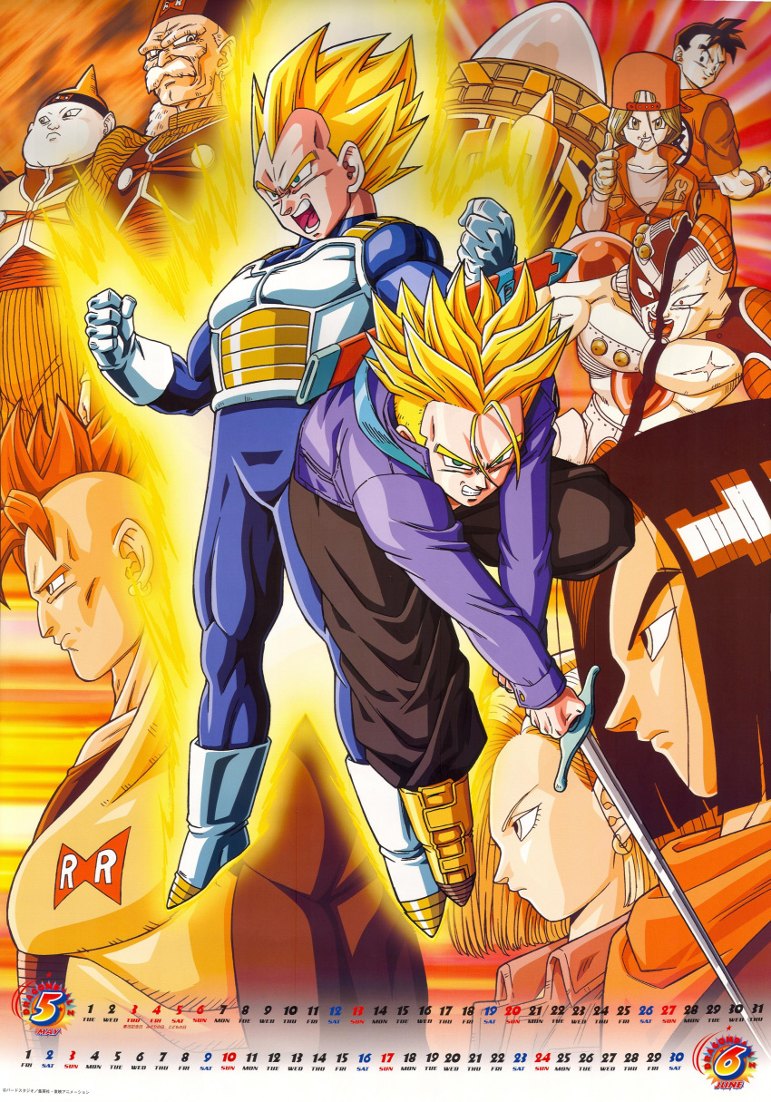 2girls 6+boys absurdres android_16 android_17 android_18 android_19 angry aura backwards_hat black_hair black_pants blonde_hair blue_jacket boots bulma_(future) bulma_briefs calendar_(medium) clenched_teeth copyright_name cross_scar cyborg dougi dr._gero_(dragon_ball) dragon_ball dragon_ball_z facial_hair father_and_son frieza gloves green_eyes hat highres holding holding_sword holding_weapon jacket june long_sleeves male_focus mature_female may mother_and_son moustache multiple_boys multiple_girls official_art old old_man open_mouth orange_background pants purple_jacket red_hair red_ribbon_army saiyan_armor scar scar_on_chest son_gohan son_gohan_(future) spiked_hair super_saiyan super_saiyan_1 sword teeth thumbs_up trunks_(dragon_ball) trunks_(future)_(dragon_ball) vegeta weapon white_footwear white_gloves white_hair