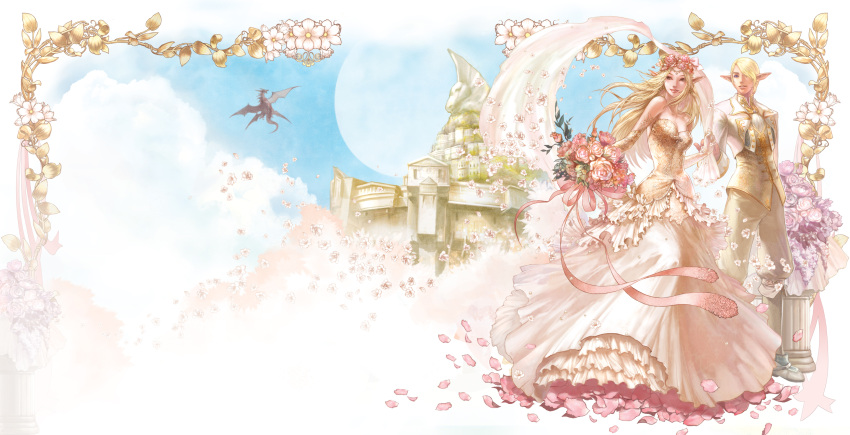 1boy blonde_hair bouquet dragon dress elf elf_(lineage_2) female flower hair_flower hair_ornament highres jewelry juno_jeong lineage lineage_2 long_hair photoshop_(medium) player_character_(lineage_2) pointy_ears short_hair wedding_dress