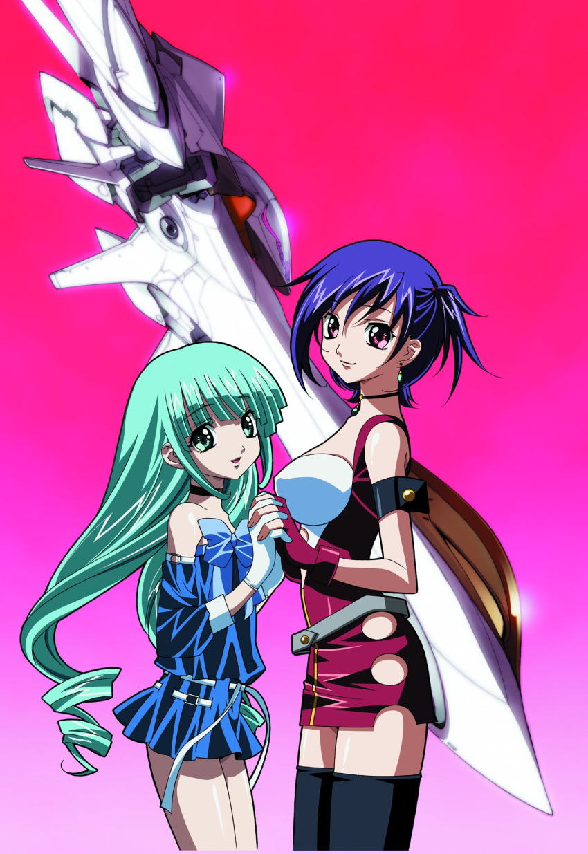 2girls arm_strap black_legwear blue_bow blue_bowtie blue_dress blue_hat blue_sleeves bow bowtie breasts choker clothing_cutout cowboy_shot detached_sleeves dress earrings ebikawa_kanetake eclair_(kiddy_grade) fingerless_gloves from_side gloves gradient_background green_eyes green_hair hair_between_eyes hat highres hip_vent holding_hands interlocked_fingers jewelry kadonosono_megumi kiddy_grade long_hair long_sleeves looking_at_viewer lumiere medium_breasts multiple_girls necklace official_art parted_lips pencil_dress pinafore_dress red_eyes red_gloves shiny_skin short_dress short_hair side_cutout sleeveless sleeveless_dress smile spacecraft standing strapless strapless_dress thighhighs very_long_hair white_gloves zettai_ryouiki