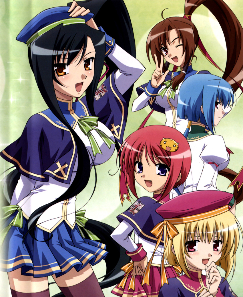 5girls bachou black_haie blonde_hair blue_hair brown_hair chouhi chouun crease highres kan'u kanu koihime_musou long_hair multiple_girls red_hair shokatsuryou shokatsuryou_koumei_(koihime) short_hair