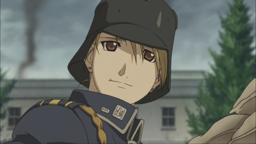 blonde_hair brown_eyes building conqueror_of_shambala earring earrings female female fullmetal_alchemist fullmetal_alchemist:_conqueror_of_shamballa fullmetal_alchemist_conquerer_of_shambala helmet jewelry military military_uniform riza_hawkeye screencap smoke solo uniform