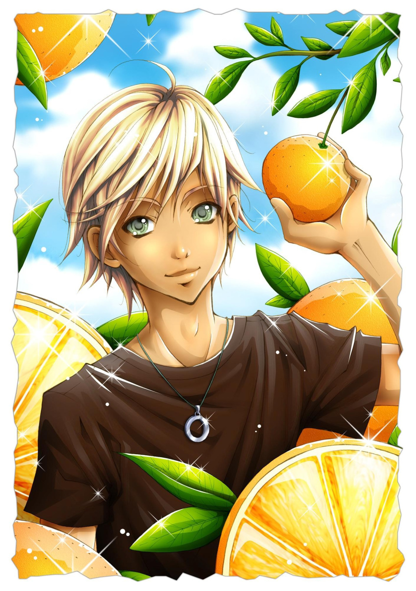 bishounen blonde_hair dark_skin food fruit green_eyes highres orange oranges