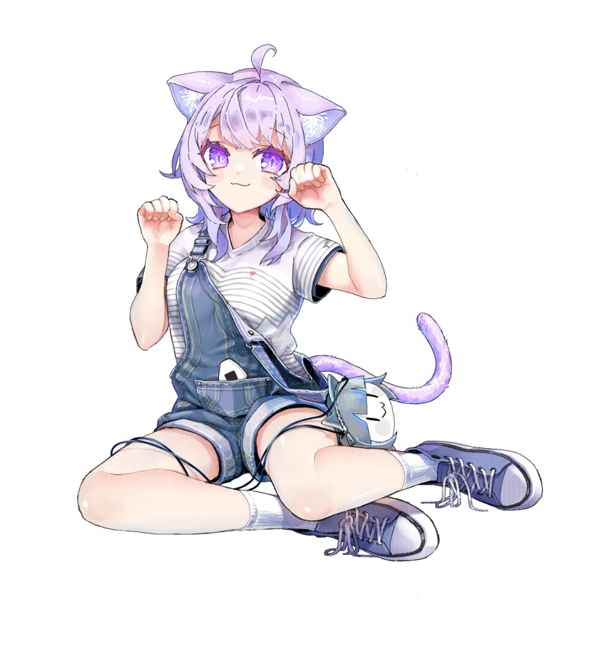 :3 alternate_costume animal_ears bag blush blush_stickers cat_ears cat_girl cat_tail closed_mouth commentary_request ena1215 female gawr_gura handbag highres hololive hololive_english looking_at_viewer nekomata_okayu overall_shorts overalls paw_pose purple_eyes purple_hair shirt shoes short_hair simple_background smile sneakers socks solo striped_clothes striped_shirt t-shirt tail virtual_youtuber wavy_hair white_background white_shirt white_socks