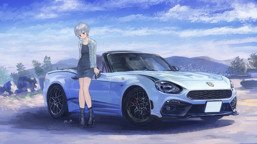 black_dress blue_jacket car convertible dress earrings female fiat fiat_124_spider grey_eyes highres jacket jewelry leaning_back looking_down momo_hiki motor_vehicle original outdoors personification short_hair sports_car vehicle_and_personification vehicle_focus white_hair