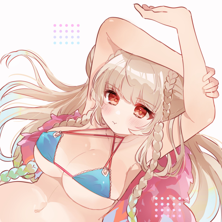 :t arms_up azur_lane bare_shoulders bikini bikini_top_only blue_bikini blunt_bangs braid braided_bun breasts cleavage collarbone commentary_request double_bun female formidable_(azur_lane) formidable_(the_lady_of_the_beach)_(azur_lane) grey_hair hair_bun highres large_breasts long_hair looking_at_viewer midriff navel official_alternate_costume pout red_eyes sidelocks simple_background solo spaghetti_strap swimsuit takumi_mizuki twin_braids twintails