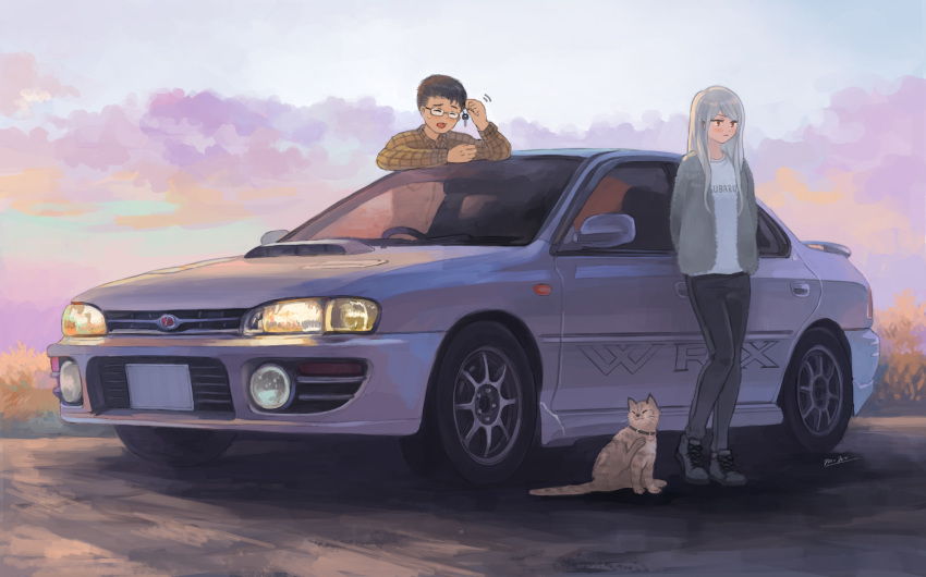 1boy car closed_eyes feline female glasses highres holding holding_key key long_hair momo_hiki motor_vehicle open_mouth original personification red_eyes sports_car subaru_(brand) subaru_impreza sunset vehicle_and_personification vehicle_focus vehicle_name white_hair