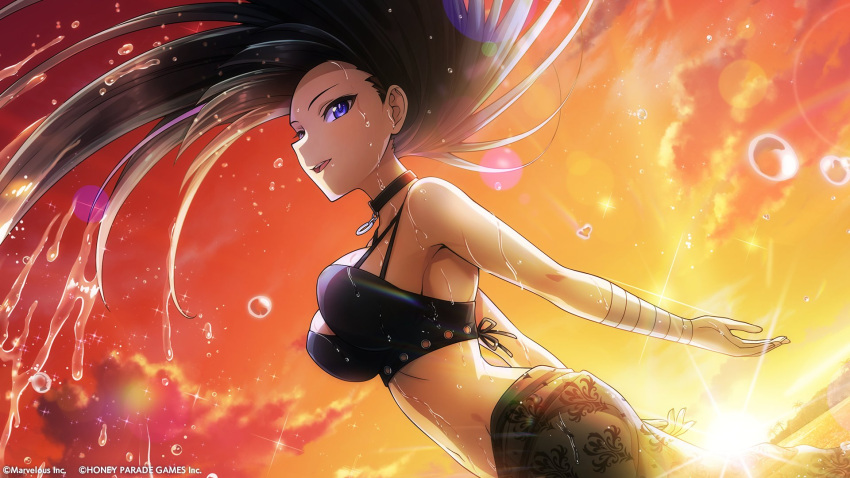 :d arms_behind_back bandaged_arm bandages bikini black_bikini black_hair blue_eyes breasts cloud cloudy_sky dolphin_wave dutch_angle female floating_hair gradient_sky groin highres kurose_minami long_hair medium_breasts navel ootomo_takuji open_mouth red_sky sarong sideboob sky smile solo sunset swimsuit very_long_hair whipping_hair yellow_sky