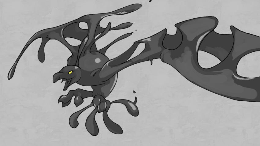 2022 3_toes a_boy_and_his_blob alien ambiguous_gender avian black_body deltasomnium feet feral flying goo_creature grey_background hi_res open_mouth simple_background solo toes wayforward yellow_eyes