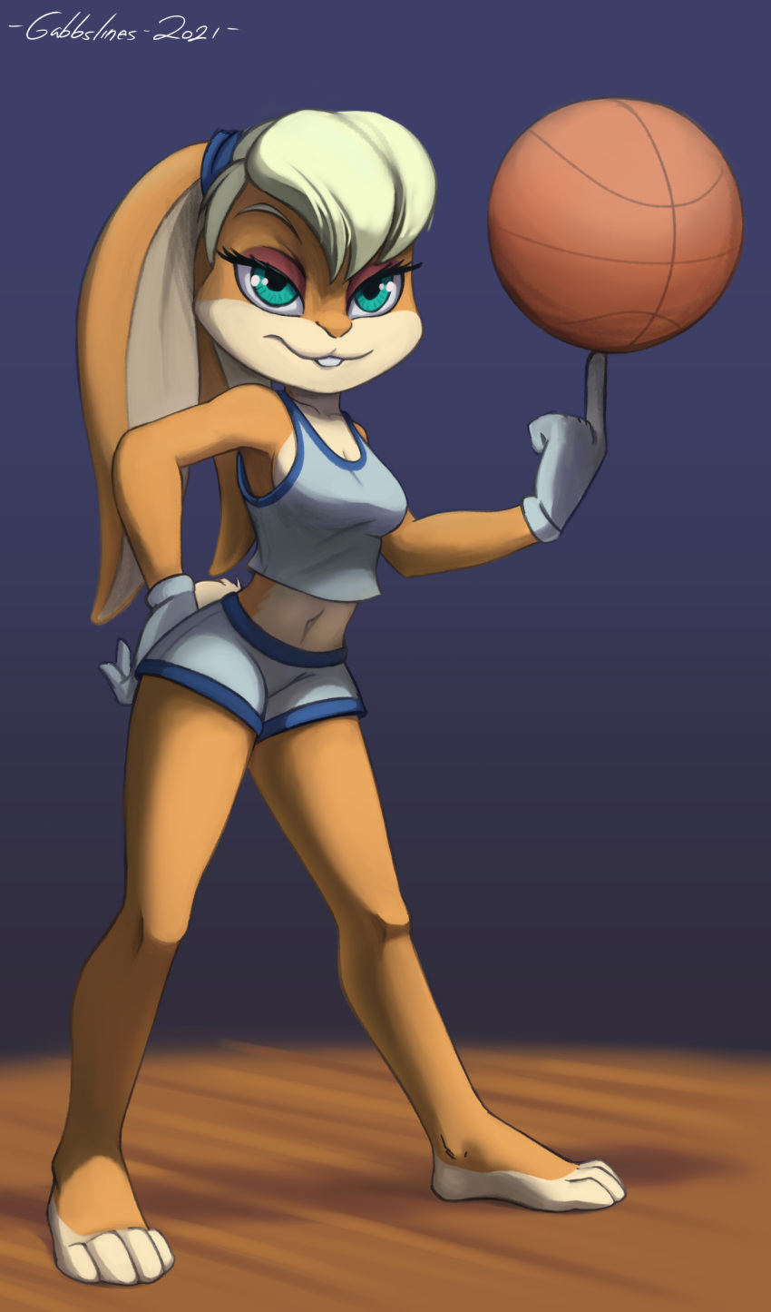 2021 4_toes absurd_res anthro ball barefoot basketball_(ball) basketball_uniform blue_eyes bottomwear breasts buckteeth clothing cotton_tail feet female gabbslines gloves handwear hi_res lagomorph leporid lola_bunny looking_at_viewer looney_tunes mammal plantigrade rabbit shorts side_boob solo space_jam spinning sportswear teeth toes tune_squad_outfit tune_squad_outfit_(1996) uniform warner_brothers white_clothing white_gloves white_handwear