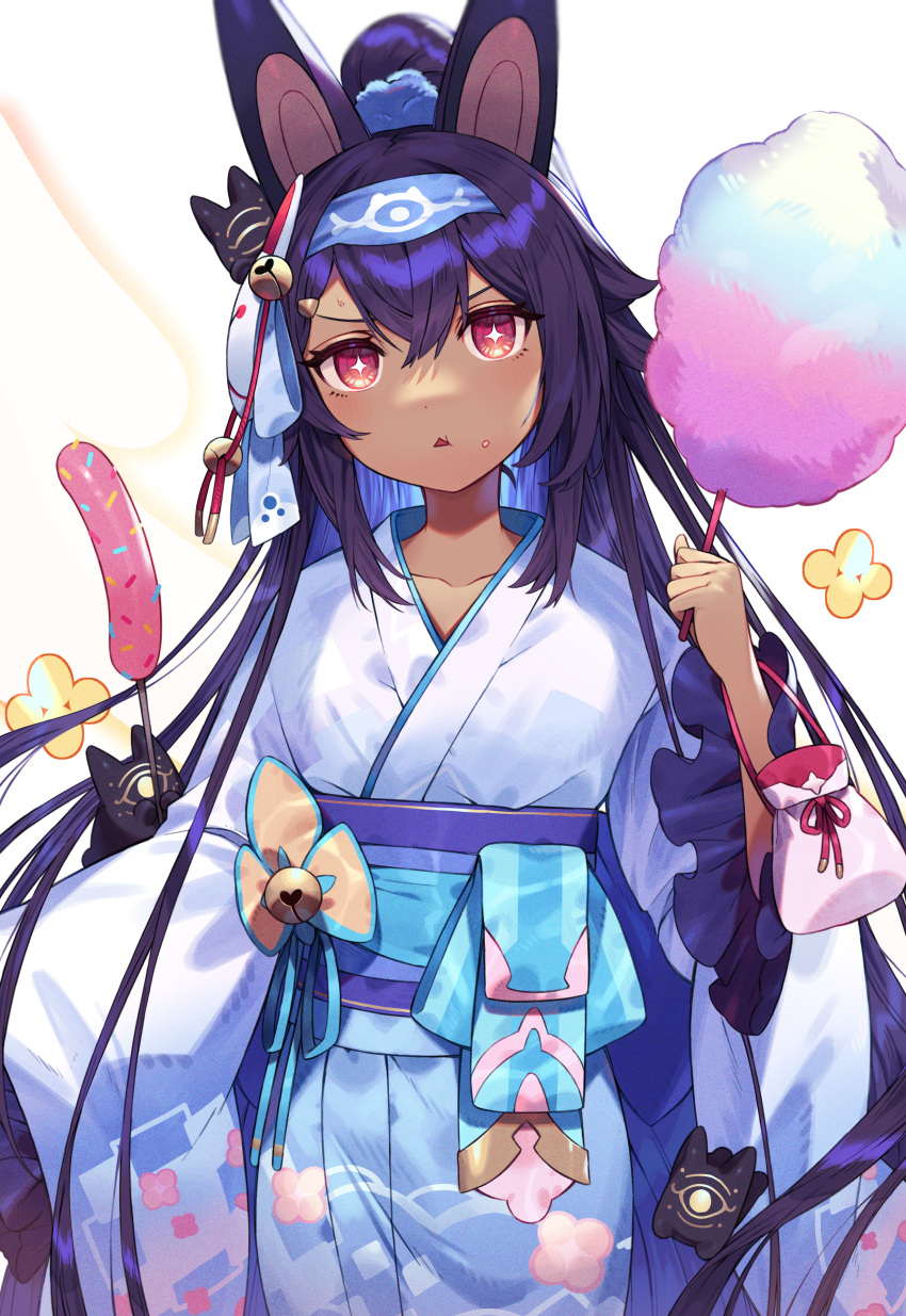 +_+ :< :t absurdres alternate_costume bell blue_hairband blush collarbone commentary_request cotton_candy cowboy_shot crossed_bangs dark-skinned_female dark_skin eating female flat_chest food food_on_face fox_mask frilled_kimono frilled_sleeves frills hair_between_eyes hairband hand_up head_tilt headgear highres holding holding_food japanese_clothes jingle_bell kimono light_blush long_hair long_sleeves looking_at_viewer mask mask_on_head nephtim_(world_flipper) obi open_mouth pom_pom_(clothes) ponytail pouch purple_hair red_eyes sash sausage shibainu sidelocks simple_background skewer solo sprinkles standing straight-on sweat v-shaped_eyebrows very_long_hair white_background white_kimono white_sleeves world_flipper