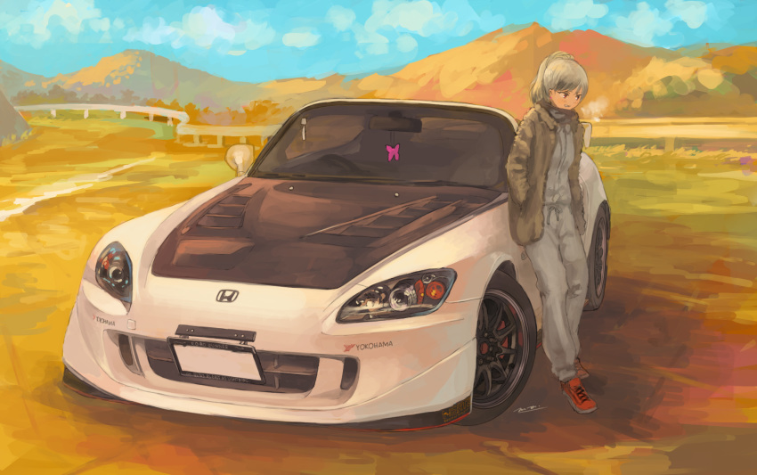 brown_eyes car convertible female grey_hair highres honda honda_s2000 leaning_back looking_to_the_side momo_hiki motor_vehicle mountain original outdoors personification solo sports_car tied_hair vehicle_and_personification vehicle_focus