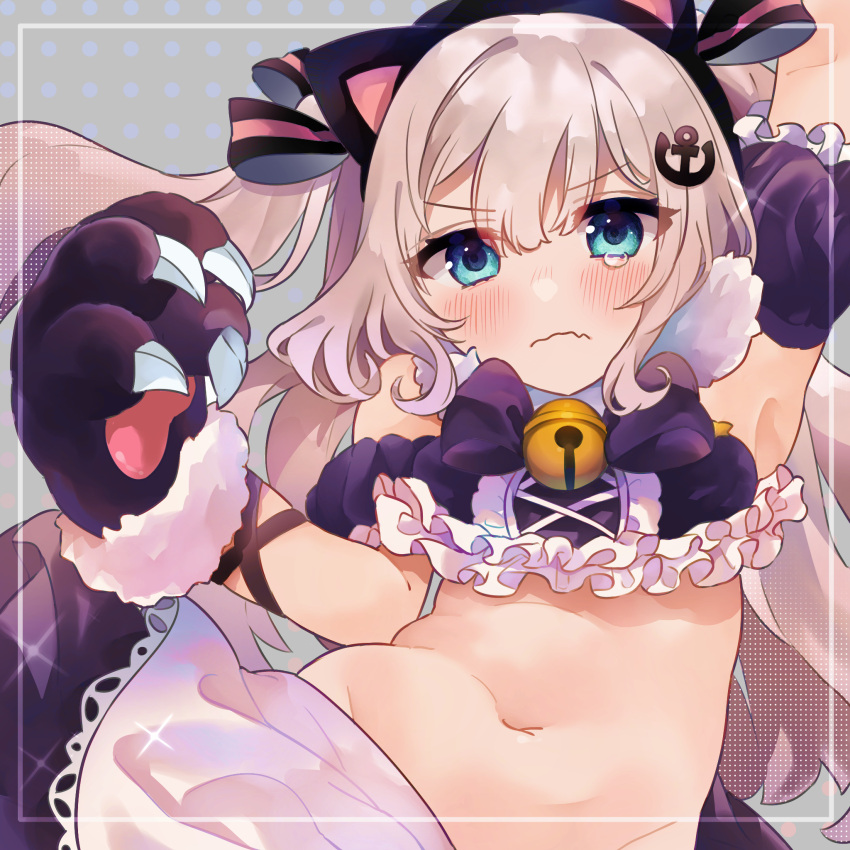 >:( anchor_hair_ornament animal_ears animal_hands apron arm_up armpits azur_lane bell blue_eyes bow bowtie cat_ears cat_paws claws commentary_request detached_sleeves eyes_visible_through_hair fake_animal_ears female gloves grey_hair hair_between_eyes hair_ornament hair_ribbon hairband hairbow hammann_(azur_lane) hammann_(hammanyan_pawnch!)_(azur_lane) highres long_hair looking_at_viewer maid_apron midriff navel paw_gloves ribbon sidelocks simple_background solo takumi_mizuki tears two_side_up v-shaped_eyebrows