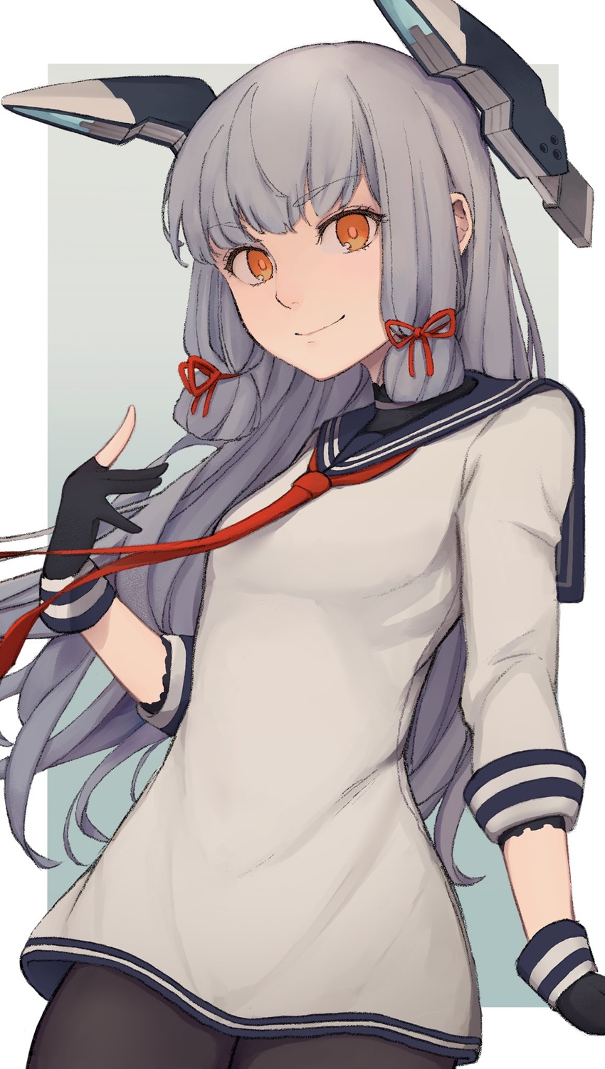 black_gloves black_pantyhose blunt_bangs blush dress female gloves grey_hair hair_ribbon headgear highres kantai_collection kkkhosuke long_hair murakumo_(kancolle) necktie orange_eyes pantyhose partially_fingerless_gloves red_necktie ribbon sailor_collar sailor_dress sidelocks simple_background smile solo tress_ribbon