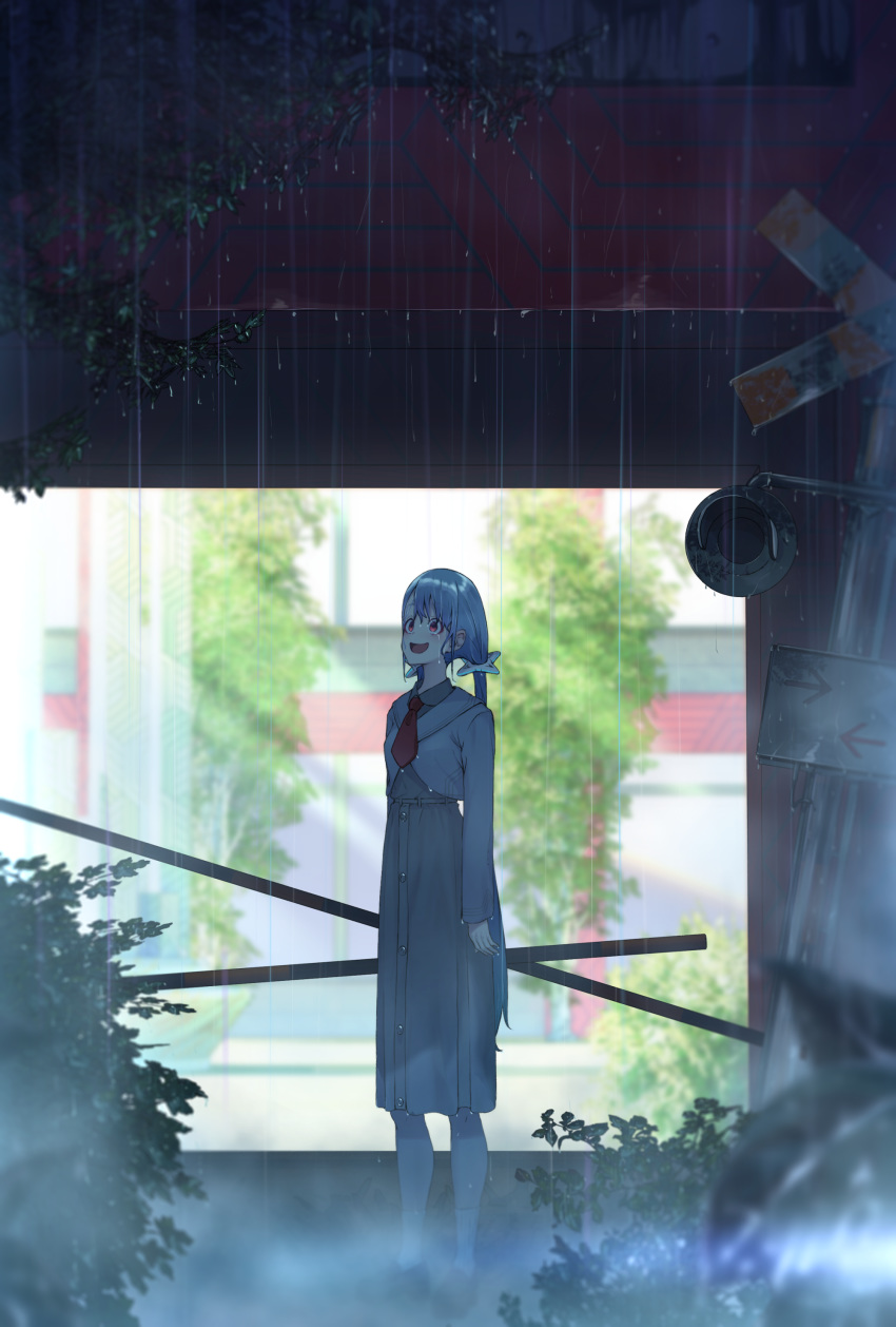 absurdres akausuko black_footwear blue_hair blush commentary crying dripping female fog hatsune_miku_(akausuko) highres lens_flare light_rays long_hair long_skirt necktie open_mouth original outdoors plant rain red_eyes red_necktie sign skirt socks solo standing tongue twintails wet wet_clothes white_socks