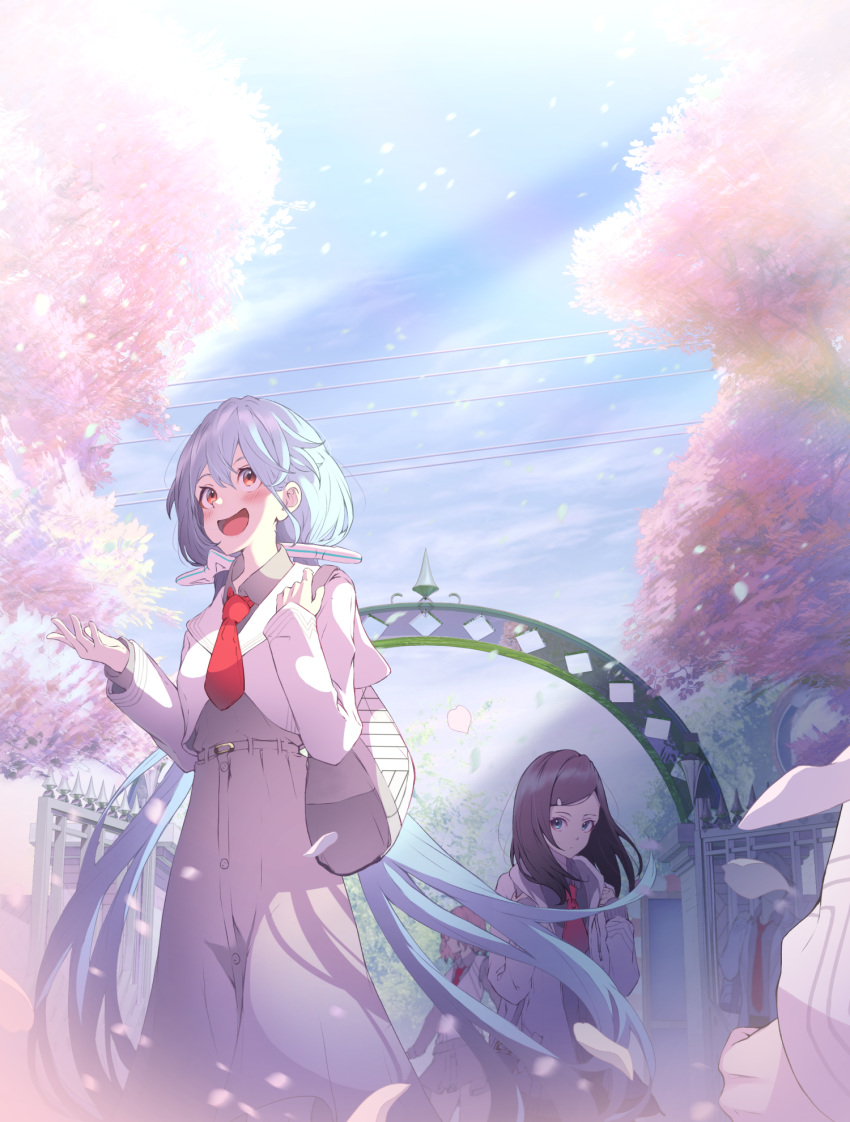 1boy 4girls akausuko backpack bag blue_hair blue_sky blurry blush brown_hair cherry_blossoms closed_mouth cloud commentary eyeshadow green_eyes hair_between_eyes hair_ornament hairclip hatsune_miku_(akausuko) highres light_rays long_hair makeup multiple_girls necktie open_mouth orange_eyes original outdoors patterned petals pink_hair red_eyeshadow red_necktie sky smile tree twintails very_long_hair white_bag