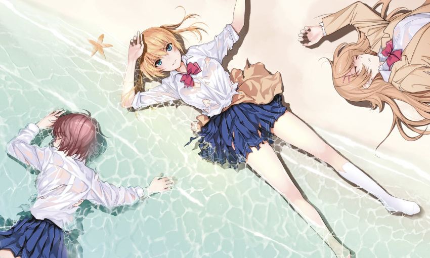 3girls amatani_mutsu asymmetrical_legwear beach blazer blonde_hair blue_eyes bow bowtie brown_hair clothes_around_waist cropped feet highres jacket kneehighs kujou_shion looking_at_viewer lying miniskirt multiple_girls official_art on_back on_stomach onishima_homare parted_lips red_bow red_bowtie sagara_riri sand school_uniform shirt skirt sleeves_rolled_up smile socks sounan_desuka? starfish torn_clothes torn_skirt twintails uneven_legwear water wet wet_clothes white_legwear white_shirt