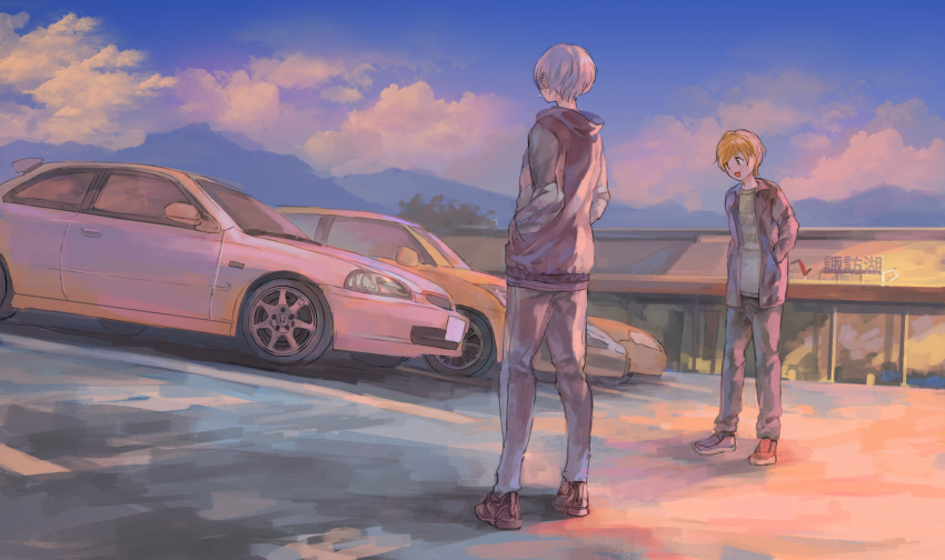 2others androgynous blonde_hair brown_eyes car from_behind hands_in_pockets highres honda honda_civic honda_civic_type_r momo_hiki motor_vehicle multiple_others open_mouth original outdoors parking_lot personification scenery standing suzuki_(company) suzuki_swift vehicle_and_personification vehicle_focus white_hair