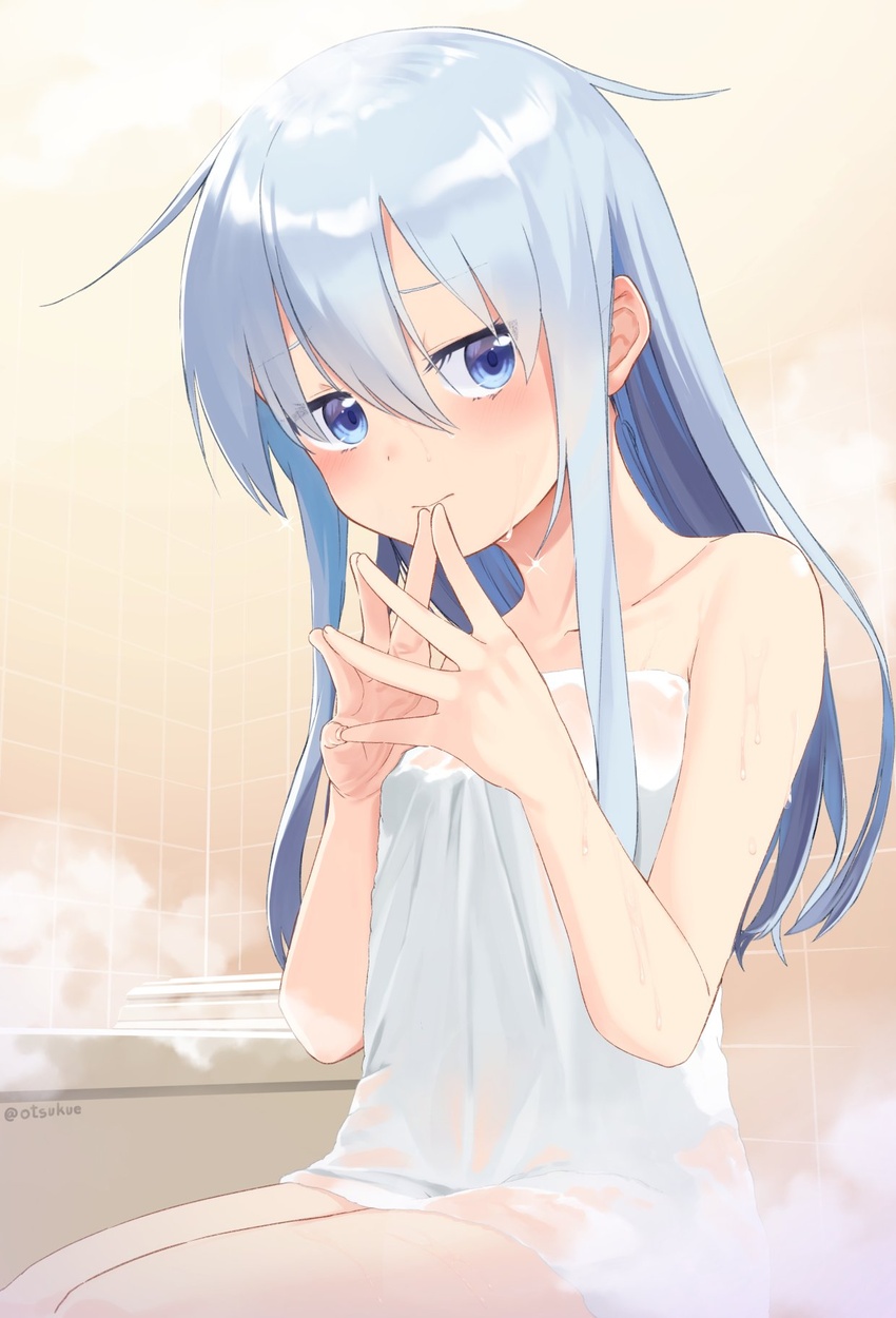 bad_id bad_twitter_id bathtub blue_eyes blush closed_mouth collarbone dx_(dekusu) female grey_hair hair_between_eyes hibiki_(kancolle) highres kantai_collection long_hair see-through solo steam steepled_fingers tile_wall tiles twitter_username wet wet_clothes