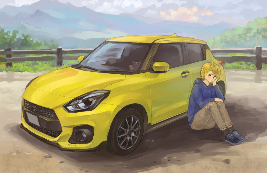 blonde_hair blue_eyes blue_hoodie car female hand_on_own_cheek hand_on_own_face highres hood hoodie looking_to_the_side momo_hiki motor_vehicle on_ground original outdoors personification sitting sitting_against_vehicle suzuki_(company) suzuki_swift vehicle_and_personification vehicle_focus