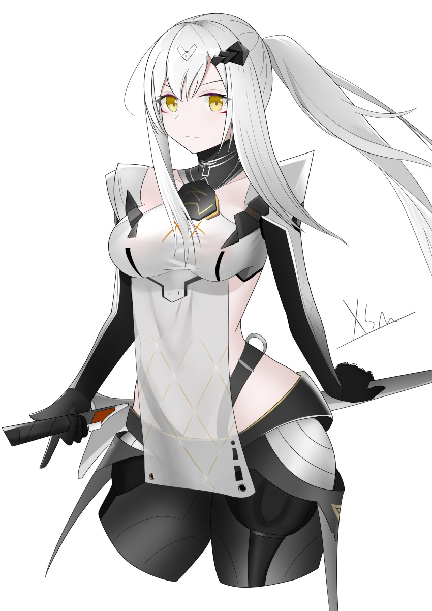 absurdres alternate_costume artist_name breasts chinese_commentary closed_mouth commentary_request female girls'_frontline grig_(girls'_frontline) highres holding holding_weapon long_hair looking_at_viewer medium_breasts nyto_(girls'_frontline) paradeus ponytail solo sword weapon white_background white_hair xue_shiming yellow_eyes